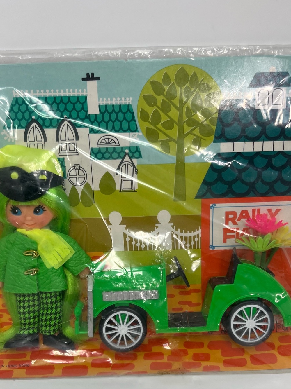 Ideal Flatsy Poseable Doll with Green Hair Outfit & Car Vintage NOS No Box